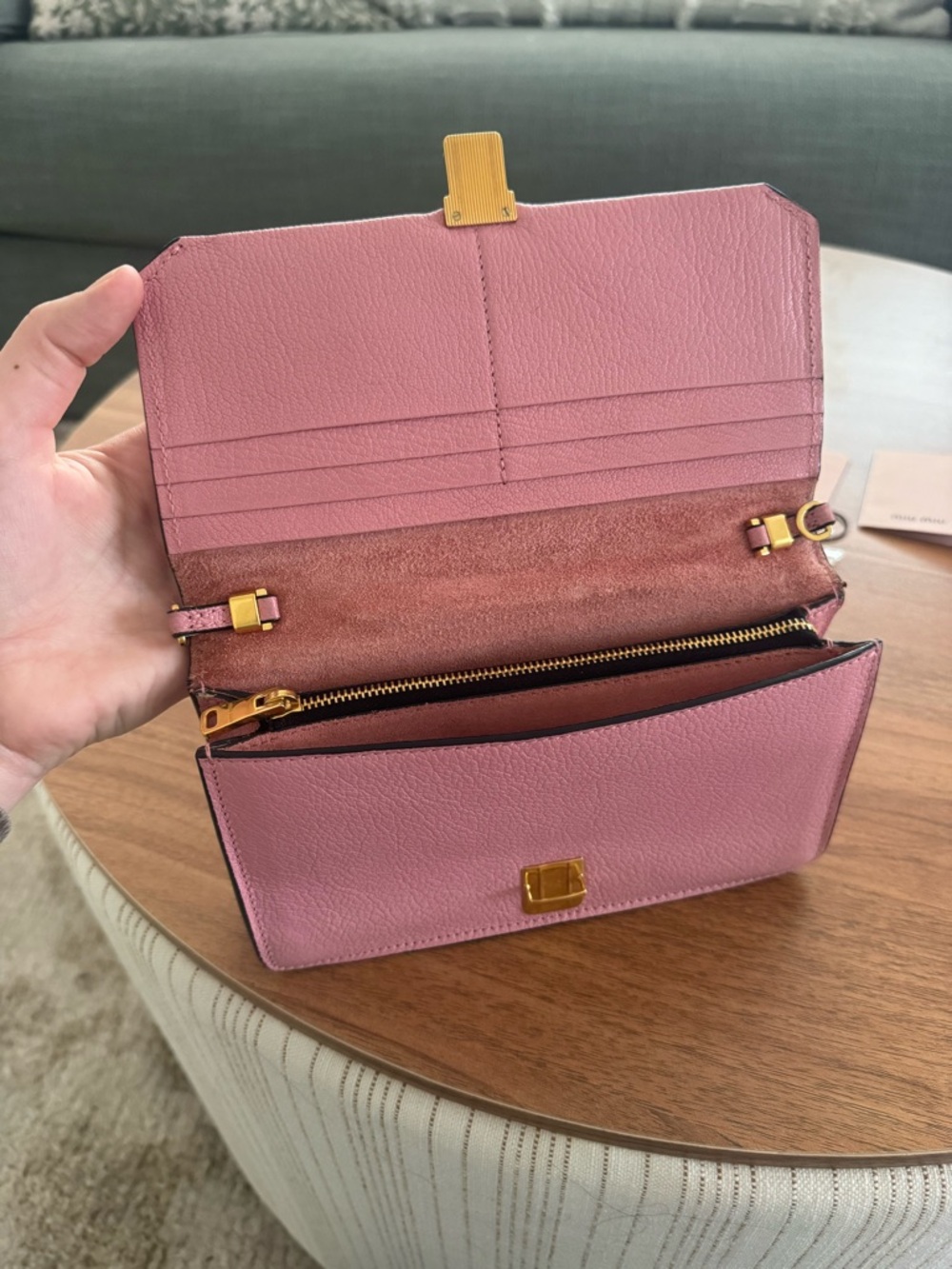 Miu Miu Madras Leather Push Lock Flap Crossbody Bag Pink Gold Hardware Small - Picture 8 of 14
